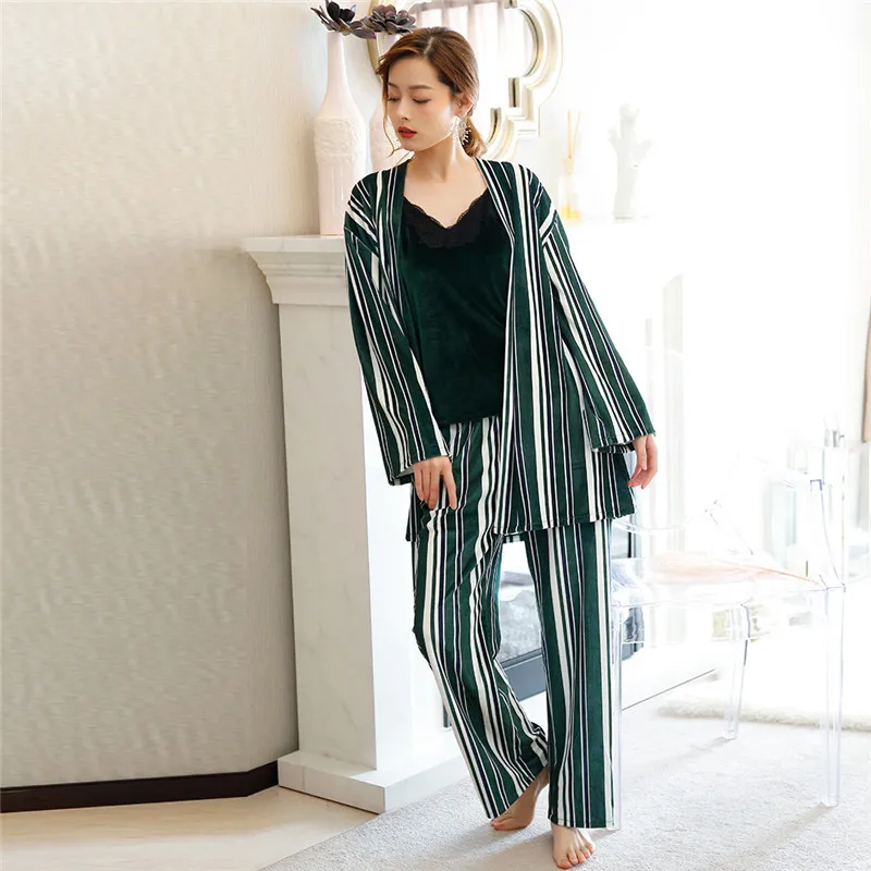 Women Stripes Pajama Sets With Belt 3 Pieces Long Sleeve Long Pants Camisole Velour Sleepwear Casual Home Clothes Autumn Winter
Women Stripes Pajama Sets With Belt 3 Pieces Long Sleeve Long Pants Camisole Velour Sleepwear Casual Home Clothes Autumn Winter