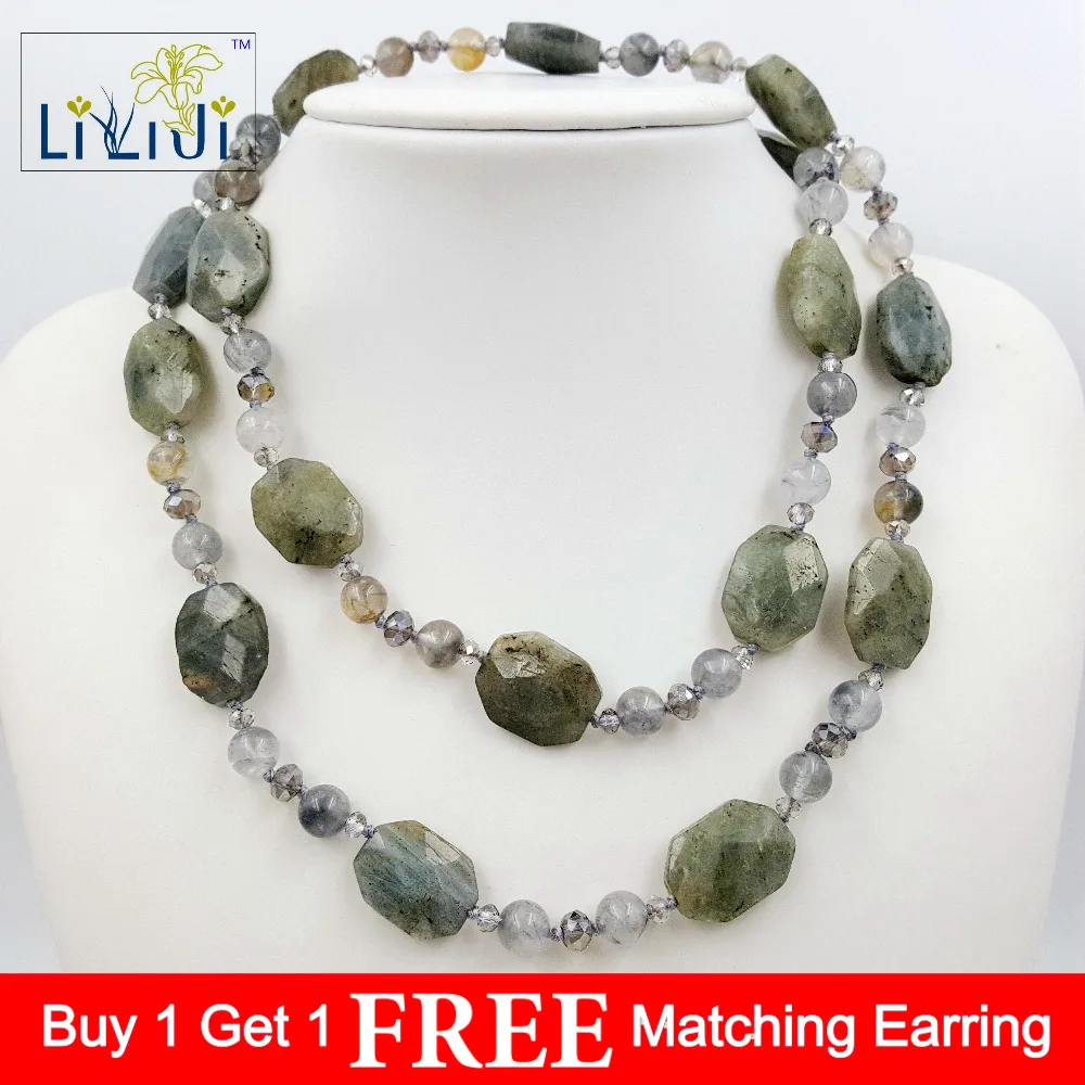 

LiiJi Unique Natural Stone Labradorite facted&Grey quartz round beads&Grey Crystal women long fashion necklace 91cm/36inches
