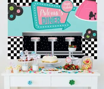 50s Diner Cake Table Backdrop Sock Hop Personalized Party Background Poodle Skirt Photo Booth Portrait Candy Buffet Wallpaper
50s Diner Cake Table Backdrop Sock Hop Personalized Party Background Poodle Skirt Photo Booth Portrait Candy Buffet Wallpaper