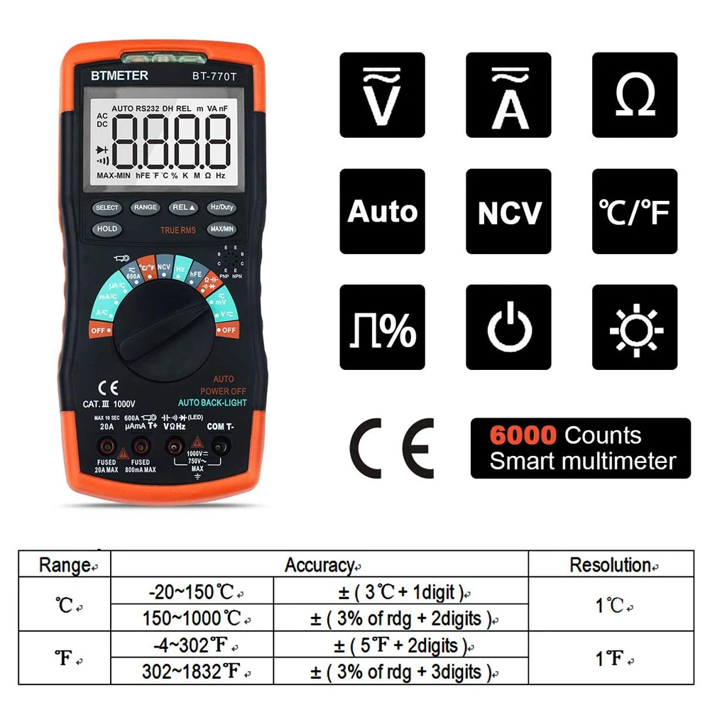 BTMETER Digital Multimeter True RMS Auto Ranging DMM Test Meter for AC DC Current 20A,1000V Capacitance Electrical Tester
BTMETER Digital Multimeter True RMS Auto Ranging DMM Test Meter for AC DC Current 20A,1000V Capacitance Electrical Tester