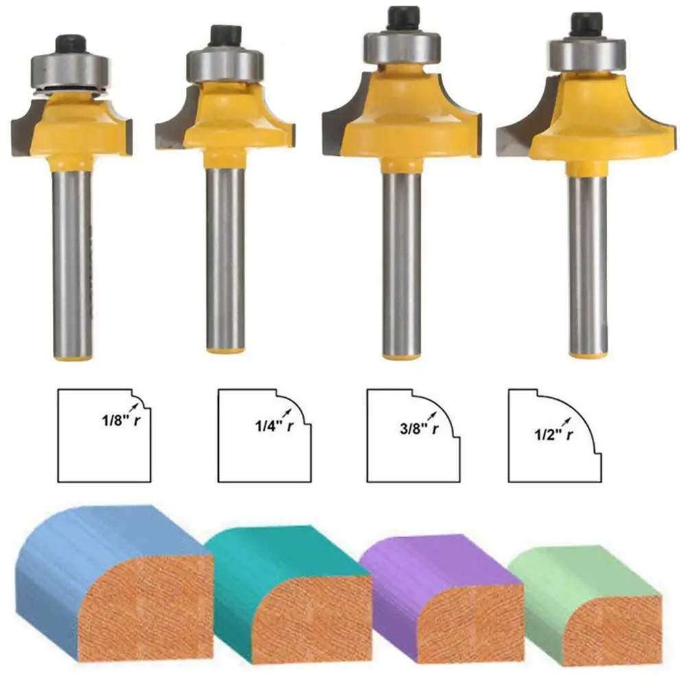 4Pcs 1/4" Bit Round Over Edge Forming Router Bit Set Shank Woodworking cutter fillet knife 1/2'' 3/8'' 1/4'' 1/8''
4Pcs 1/4" Bit Round Over Edge Forming Router Bit Set Shank Woodworking cutter fillet knife 1/2'' 3/8'' 1/4'' 1/8''