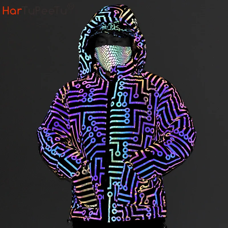 Men Rainbow Reflective Jacket 2021 New Arrival Winter Spring Circuit Lines Cotton Coat with Pockets Hip Hop Safety Streetwear
Men Rainbow Reflective Jacket 2021 New Arrival Winter Spring Circuit Lines Cotton Coat with Pockets Hip Hop Safety Streetwear