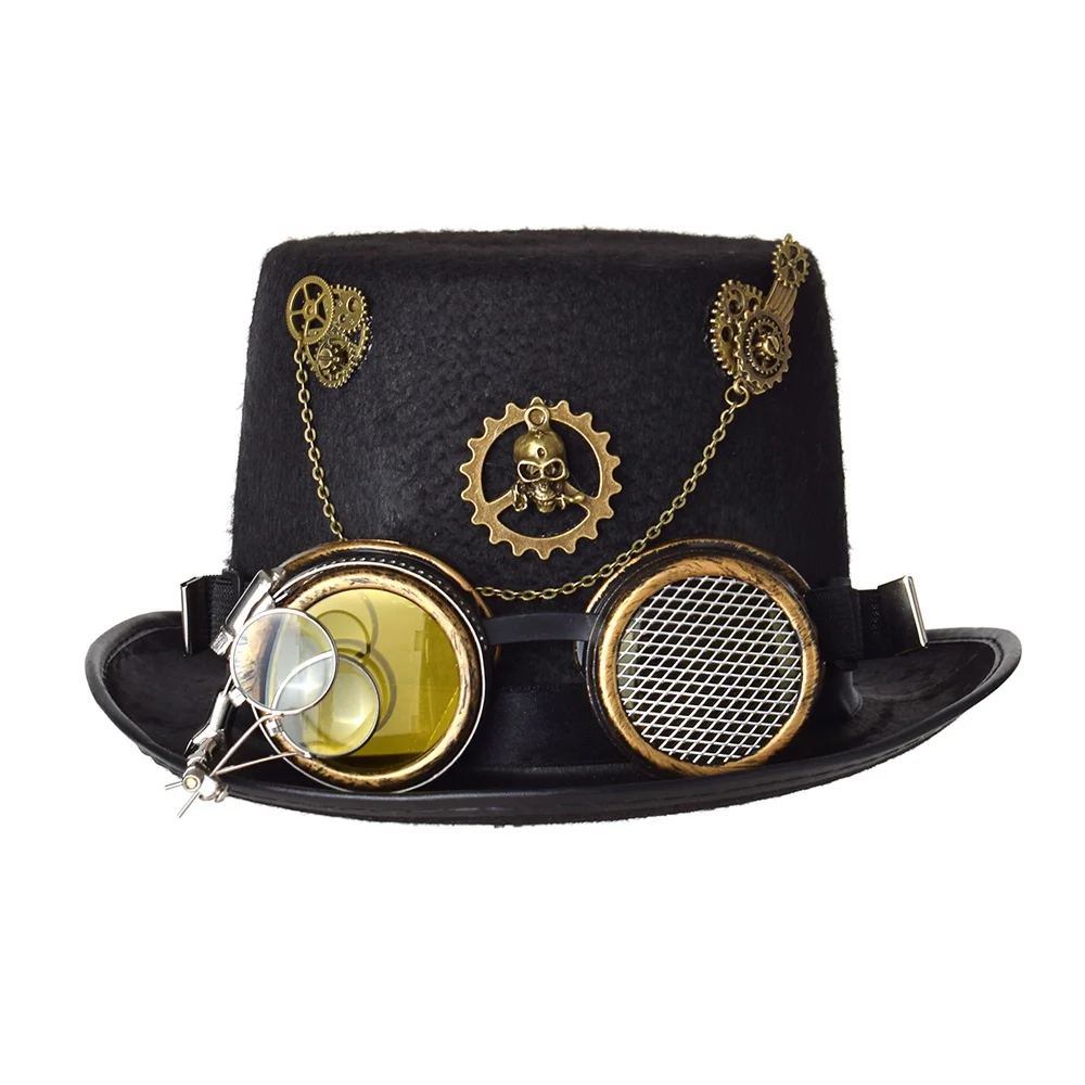 

Steampunk Hat With Goggles Vintage Men Black Top Hat Gothic Halloween Women Fedora Goth Elegant Hat Head Wear Costume Party