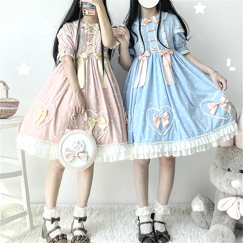 

Sweetheart Girl Op Lolita Sweet Loli Dress Lolita Daily Genuine Heart-shaped Bowknot High Waist Short Sleeve Kawaii Tea Party