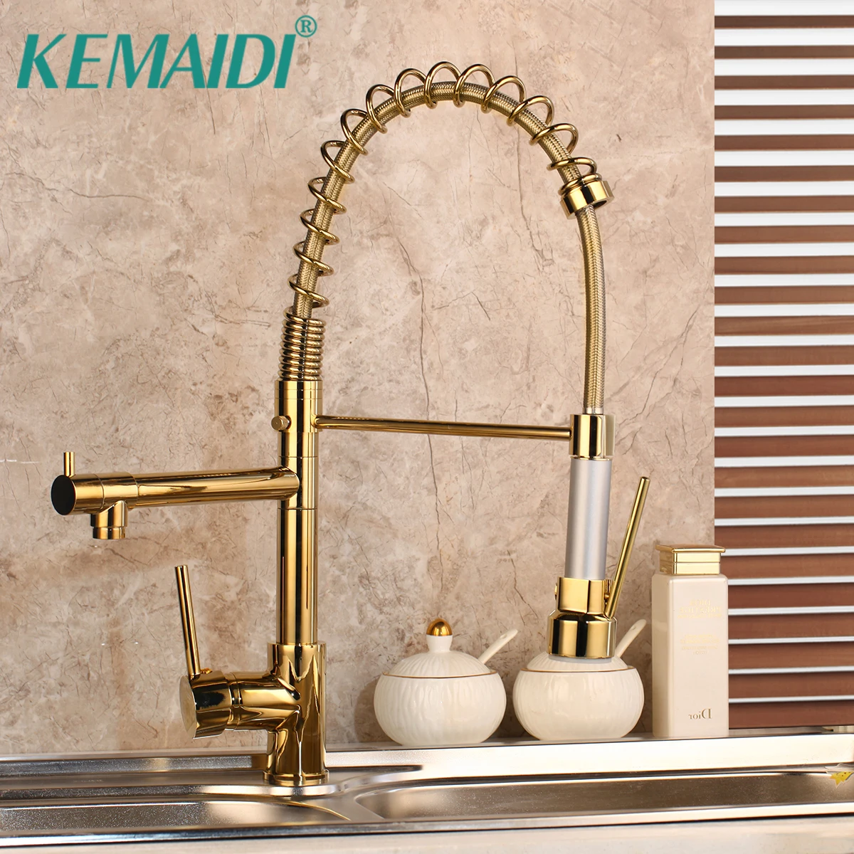 

KEMAIDI Solid Brass Gold Polish Kitchen Faucet Vessel Sink Swivel Faucet Washbasin Mixer Tap Pull Down Spring Spray Water Taps