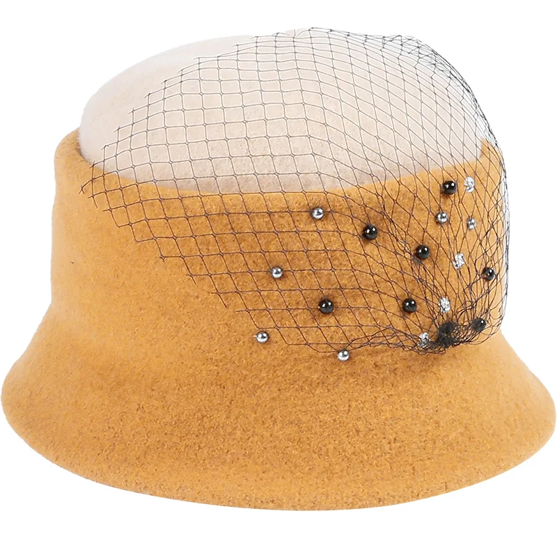 H760 Women Winter Fedoras Hat High Quality Fashion Elegant Mesh Woolen Cap Lady Shopping Party Church Simple Warm Thickened Hats |