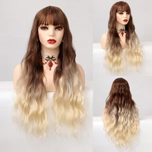 

MANWEI Ombre Brown Blonde Wig Long Wavy Bangs Heat Costume Cosplay Party Synthetic Wig for Women Afro Heat Resistant Fibre