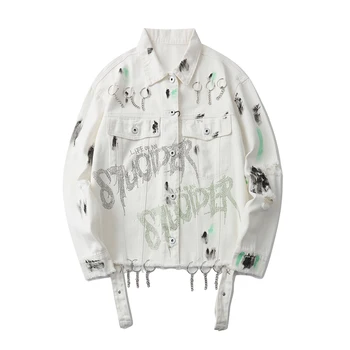 Graffiti Chain Frayed Letter Print Jeans Jacket Men and Women Oversize Streetwear Windbreaker Bomber Jacket Hip Hop Denim Coat
Graffiti Chain Frayed Letter Print Jeans Jacket Men and Women Oversize Streetwear Windbreaker Bomber Jacket Hip Hop Denim Coat