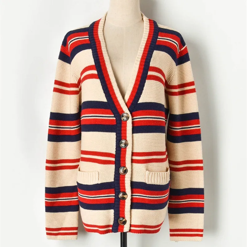 Luxury Brand Designer Knitted Cardigans for Women V Neck Contrast Color Striped Bodkin Loose Knitted Sweater
Luxury Brand Designer Knitted Cardigans for Women V Neck Contrast Color Striped Bodkin Loose Knitted Sweater