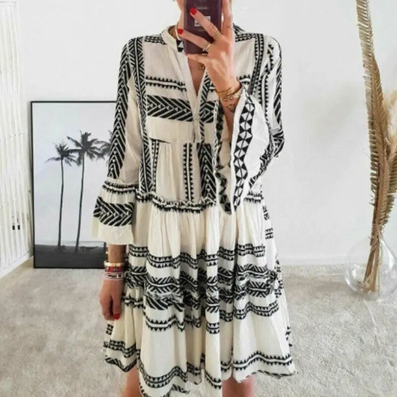 

Women Elegant Print V Neck Frill Layered Summer Smock Swing Mini Dress