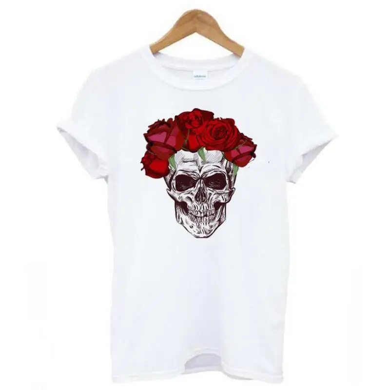 Модная футболка с принтом черепа и цветов женские топы летняя коротким рукавом
