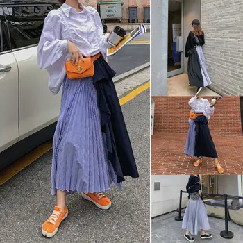 Women Girls Two-Color Pleated Long Skirt Ruffles Striped Patchwork Loose Ladies High Waist Elastic Flared Dress 
Women Girls Two-Color Pleated Long Skirt Ruffles Striped Patchwork Loose Ladies High Waist Elastic Flared Dress