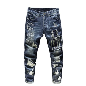 Spring And Autumn New Goldfish Embroidered Blue Hole Patch Man Denim Jeans Cotton Fashion Cowboy Denim Trouser A1912
Spring And Autumn New Goldfish Embroidered Blue Hole Patch Man Denim Jeans Cotton Fashion Cowboy Denim Trouser A1912