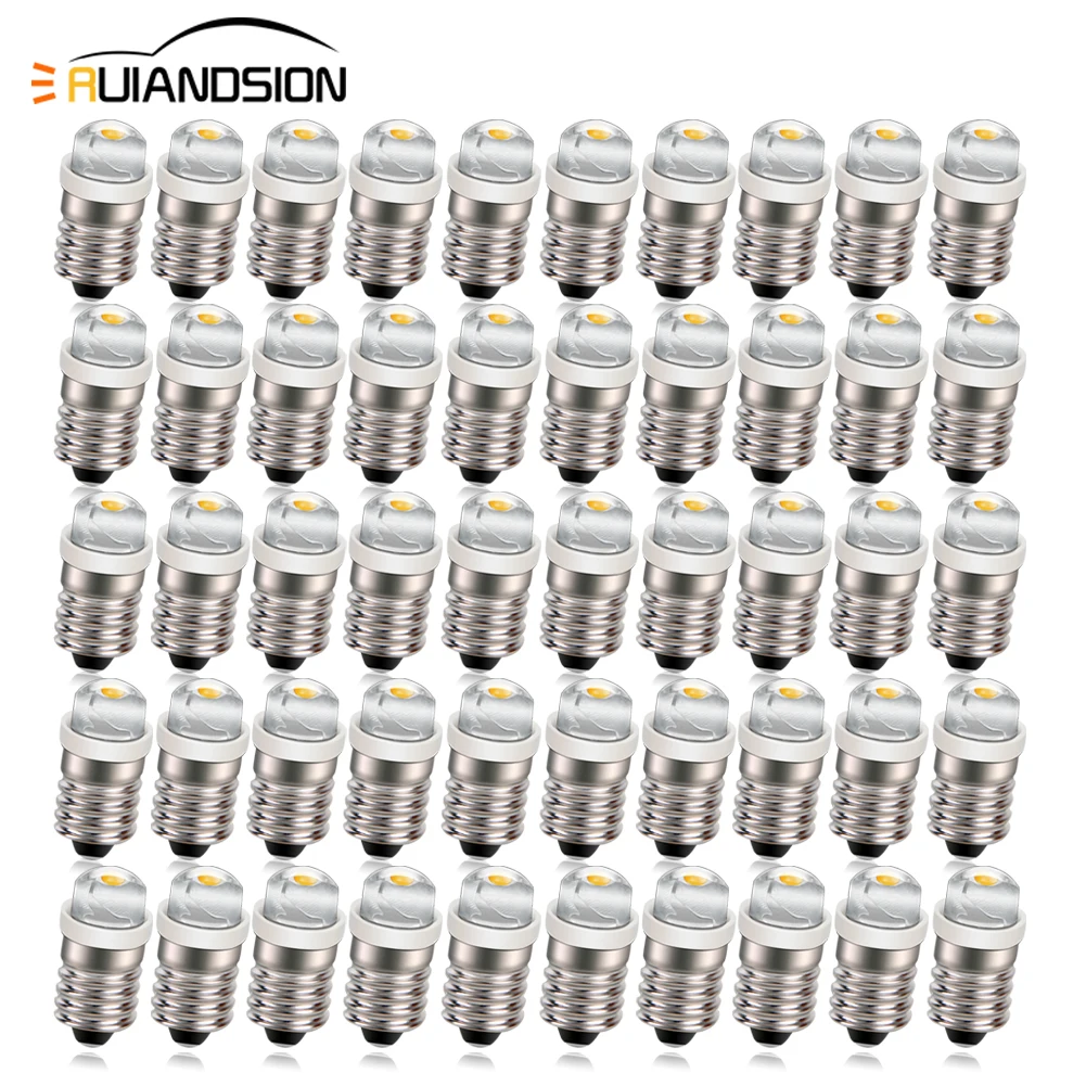 

RUIANDSION Wholesale 50Pcs E10 Screw 100Lm Lantern Torch Machine LED Bulb 3V 4.5V 6V 12V 0.5W 2-6Cells Nonpolar 4300K 6000K