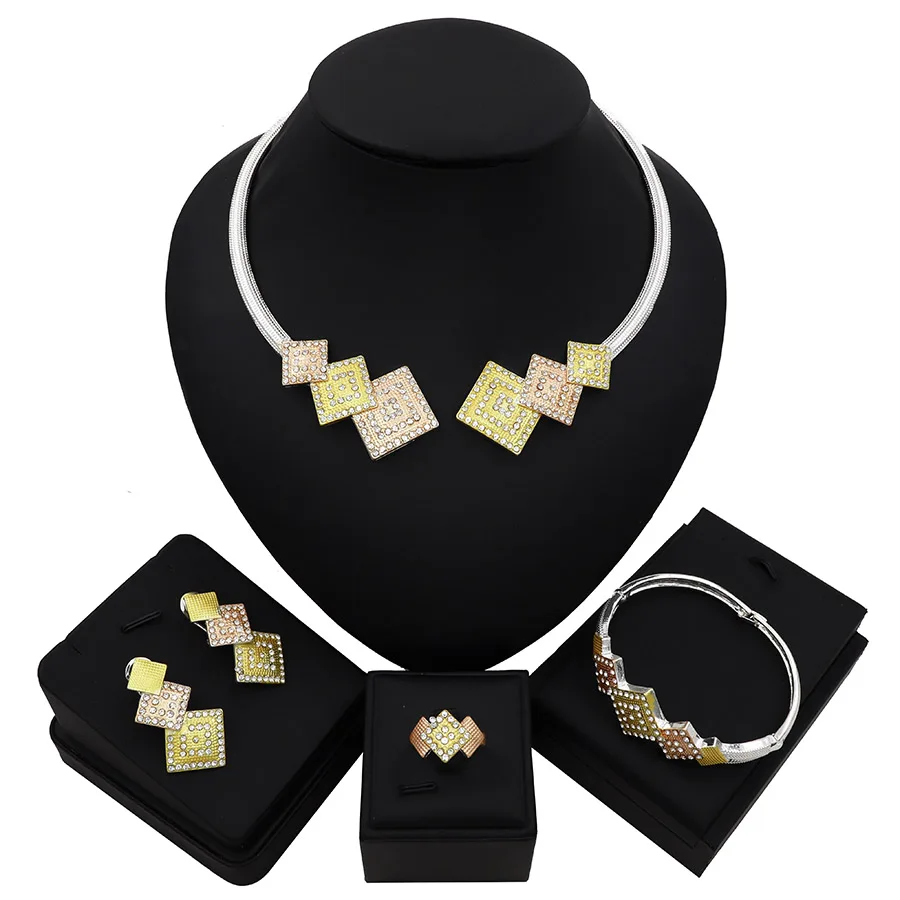 TSROUND Three Tones Square Pattern Necklace Bijoux Acier Inoxydable Femme Nigerian Bridal 4pc Jewelry Set for Gift
TSROUND Three Tones Square Pattern Necklace Bijoux Acier Inoxydable Femme Nigerian Bridal 4pc Jewelry Set for Gift