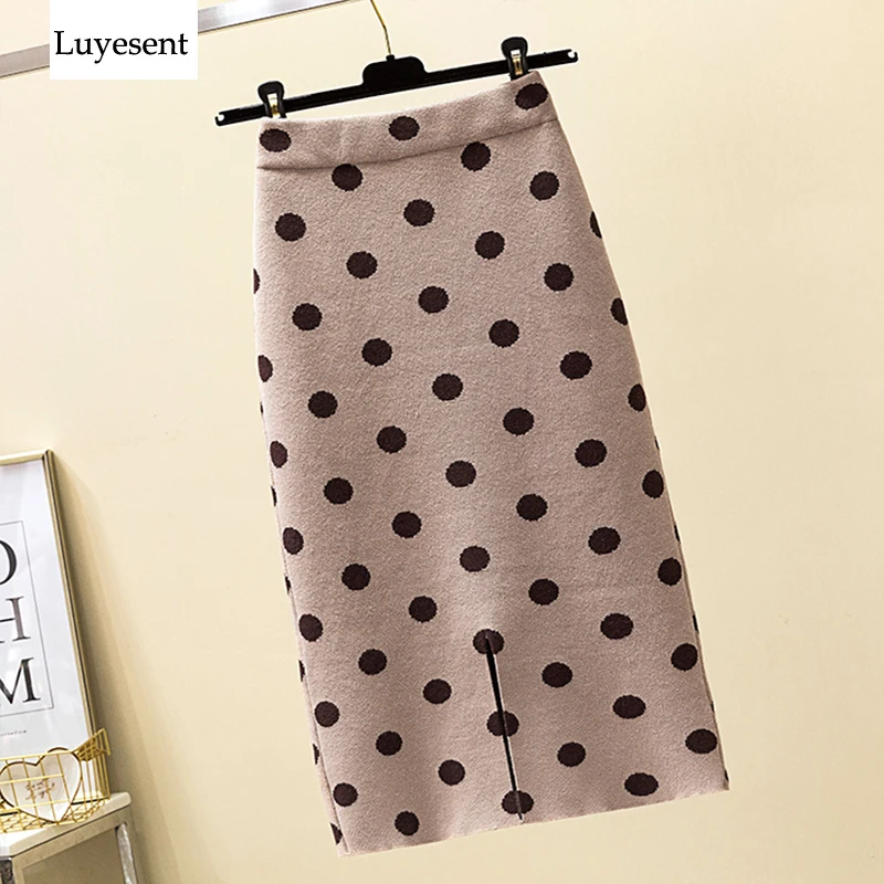 Women split hem dot pencil stretch autumn winter knit skirt fashion office lady mid calf femme black khaki brown grey colors
Women split hem dot pencil stretch autumn winter knit skirt fashion office lady mid calf femme black khaki brown grey colors
