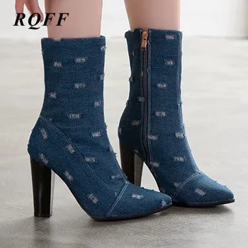 RQFF 2019 New Fashion Women Shoes Denim Zip Ankle Boots Pointed Toe Square Block Thick Heels Spring Autumn Boot Big Size 45 46 
RQFF 2019 New Fashion Women Shoes Denim Zip Ankle Boots Pointed Toe Square Block Thick Heels Spring Autumn Boot Big Size 45 46