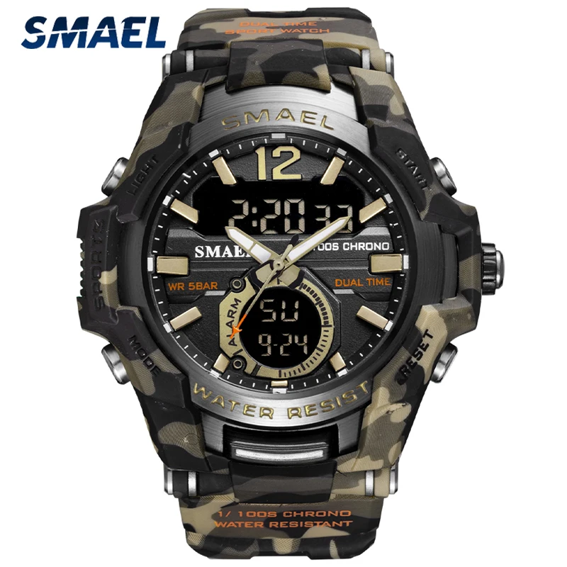 

Часы наручные SMAEL Мужские кварцевые, роскошные брендовые водонепроницаемые светящиеся модные спортивные цифровые в стиле милитари, с двойным дисплеем