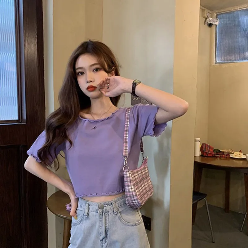 Sweet O-Neck Short Sleeve T-shirt 2020 Woman Slim Solid Color T Shirt Summer Korean Style Retro Tee Tops For Women 4 Colors
Sweet O-Neck Short Sleeve T-shirt 2020 Woman Slim Solid Color T Shirt Summer Korean Style Retro Tee Tops For Women 4 Colors