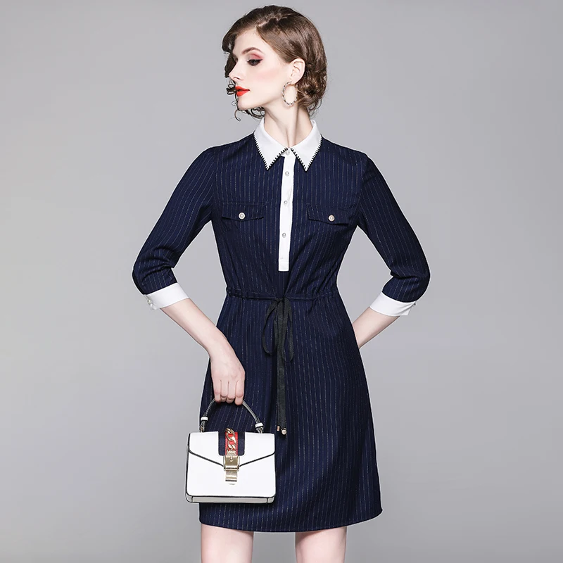 Office Lady Spring Autumn Fashion Shirt Dress Turn-down Collar Patchwork Sashes Three Quarter Sleeve Striped Women A-line Dress
Office Lady Spring Autumn Fashion Shirt Dress Turn-down Collar Patchwork Sashes Three Quarter Sleeve Striped Women A-line Dress