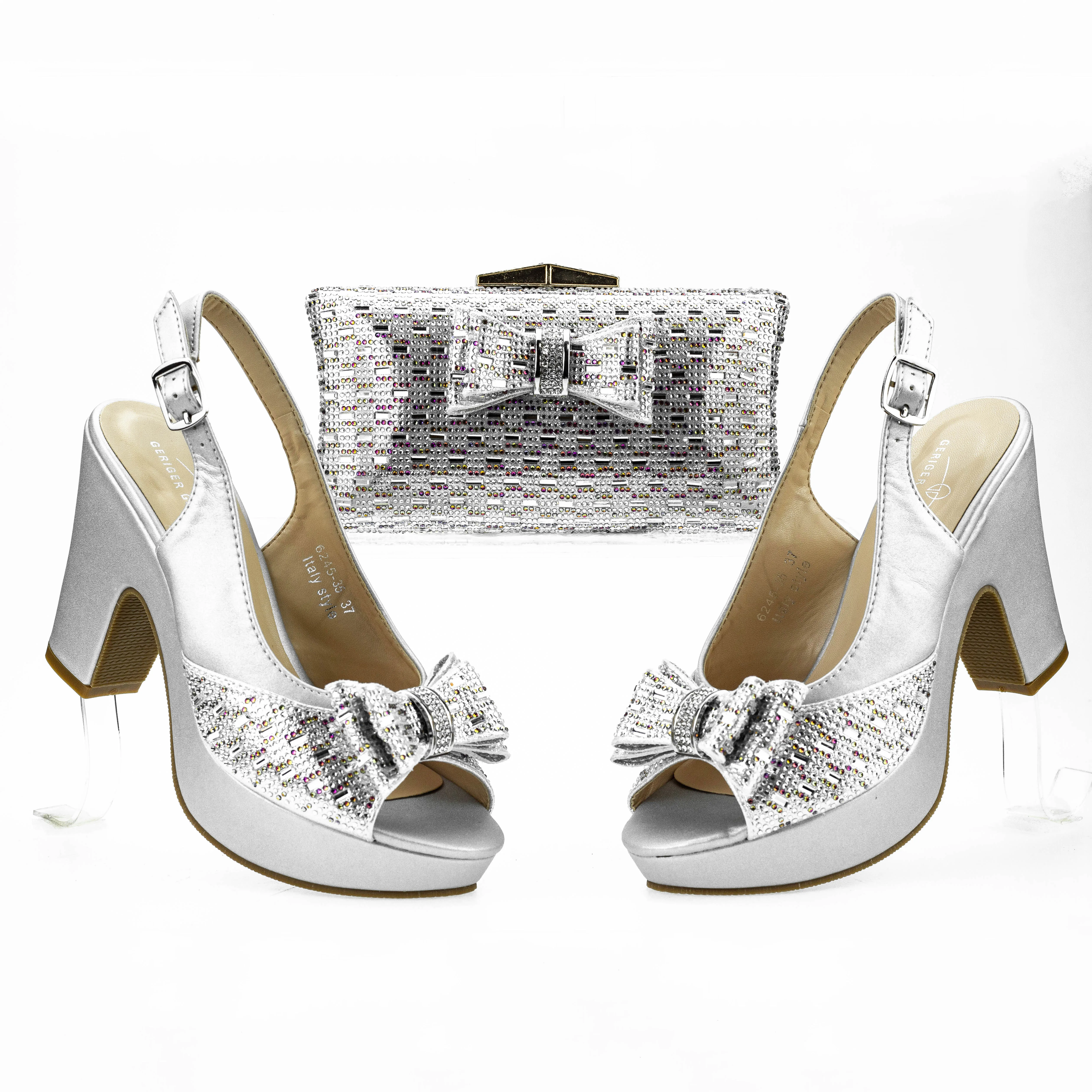 

Peep Toe Platform Sandals Women 6245-35 Lady High Heel with Purse Italian Golden Silver Wedding Shoe with Bag Set Chunky Sandal