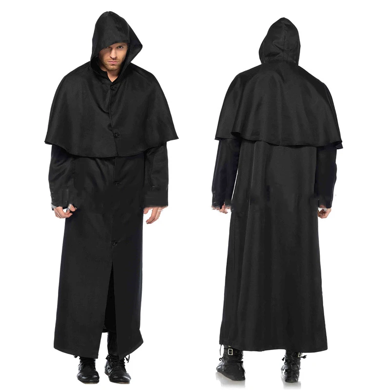 

Jemma Leong Witch Wizard Cosplay Halloween Costume For Adult Women Men Medieval Friar Black Robe Priest Ancient Christian Suit