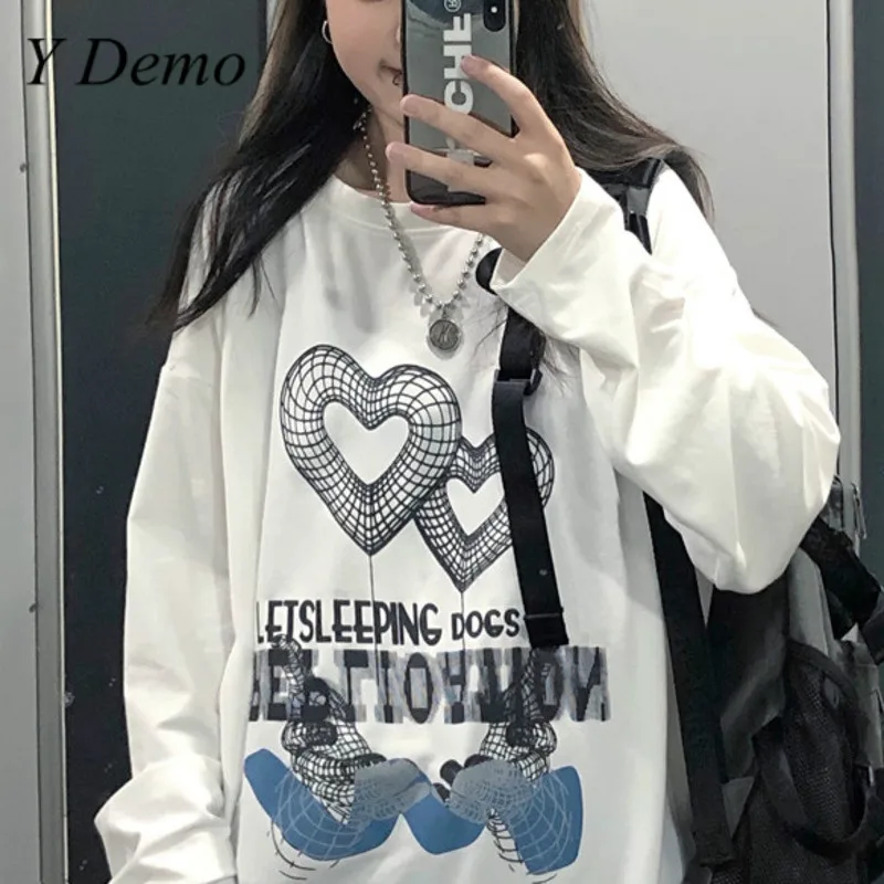 Y Demo Harajuku свободная футболка с длинным рукавом и принтом Женский пуловер круглым