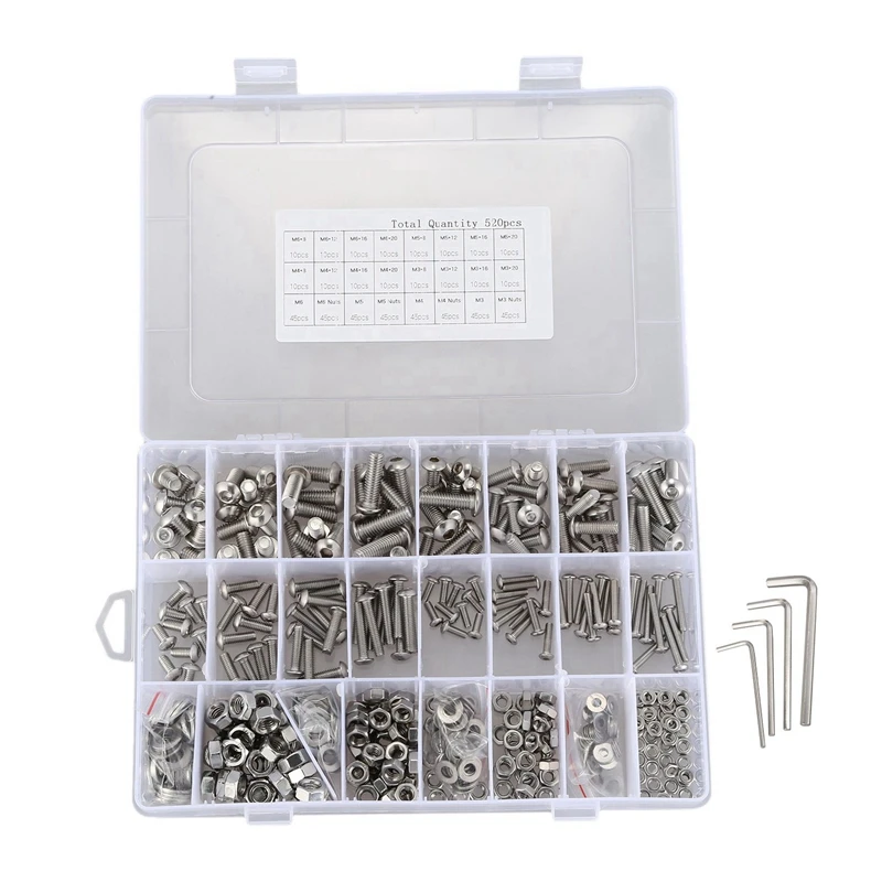 520 Pcs Stainless Steel Screws and Nuts M3 M4 M5 M6 Hex Socket Head Cap Screws Assortment Set with Storage Box Hex Button Wrench
520 Pcs Stainless Steel Screws and Nuts M3 M4 M5 M6 Hex Socket Head Cap Screws Assortment Set with Storage Box Hex Button Wrench