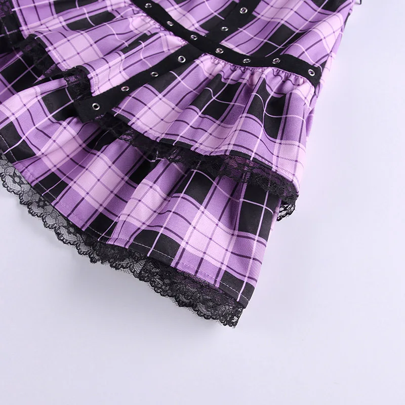 Gothic Lady Cool Sexy Mini Skirt Women Purple Plaid Contrast Color Cross Eyelet Ribbon High Waist Skirts Lace Y2k Harajuku Cloth Gothic Lady Cool Sexy Mini Skirt Women Purple Plaid Contrast Color Cross Eyelet Ribbon High Waist Skirts Lace Y2k Harajuku Cloth