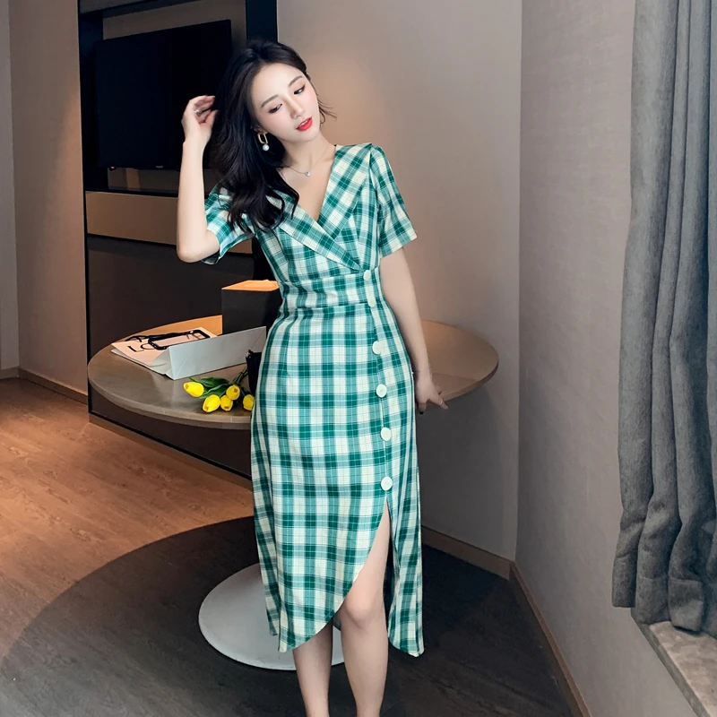 

VICONE Summer French temperament of restoring ancient ways of irregular grid dress female platycodon grandiflorum Dresses