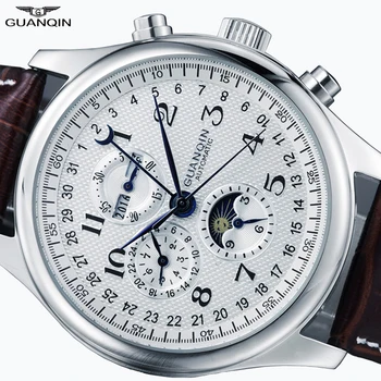 

Guanqin relogio masculino safira automática relógio mecânico homem calendário à prova dwaterproof água couro relógio de pulso ot