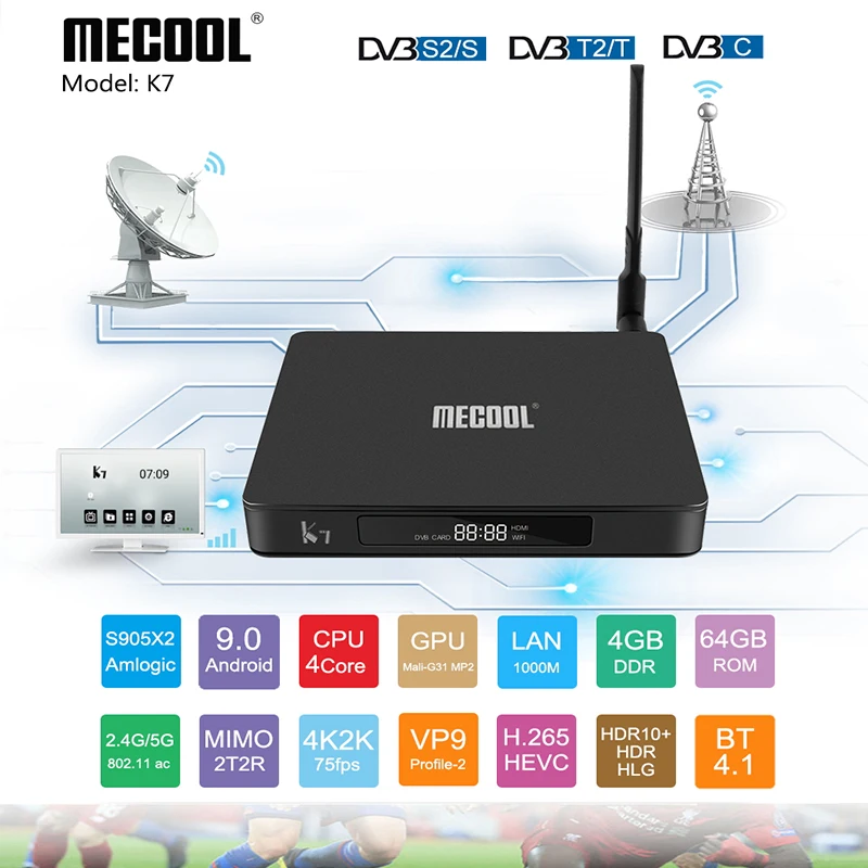 MECOOL K7 Smart TV Box Android 9.0 DVB-T2/S2/C Amlogic S905X2 Quad Core 4G 64G 4K 60fps 2.4G 5G WIFI 1000Mbps Set top box DVB
MECOOL K7 Smart TV Box Android 9.0 DVB-T2/S2/C Amlogic S905X2 Quad Core 4G 64G 4K 60fps 2.4G 5G WIFI 1000Mbps Set top box DVB