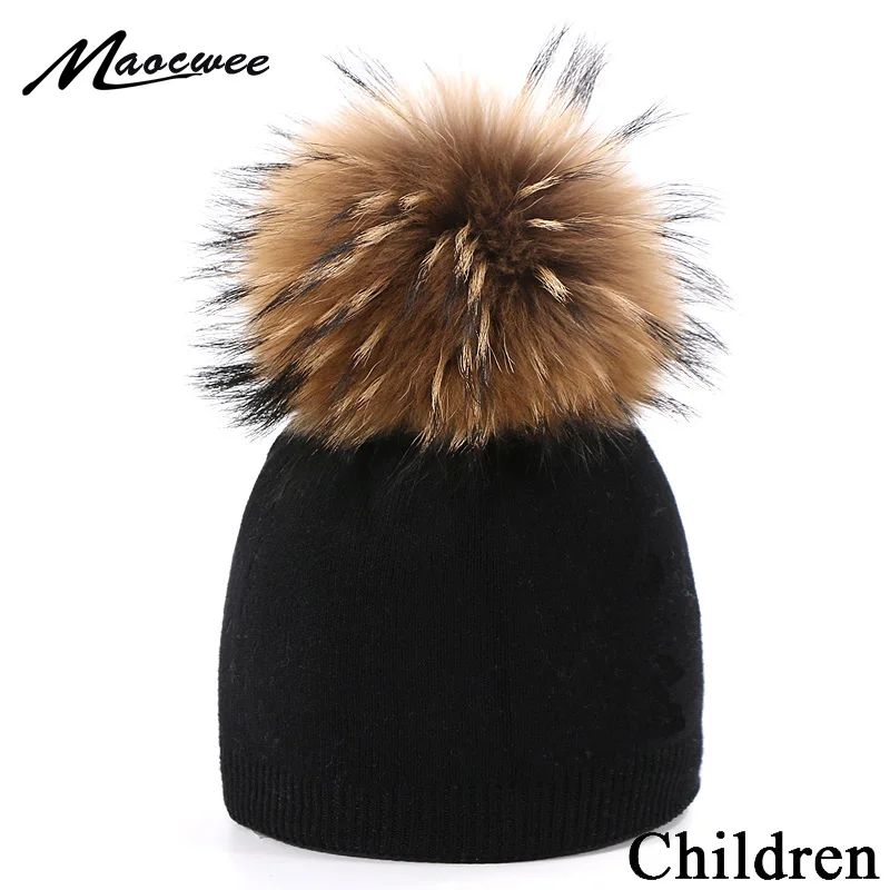 

Soft Knitted Real Fur Pompon Beanie Hats For Children Winter Outdoor Warm Thick Beanies Fashion Crochet Solid Color Baby Caps