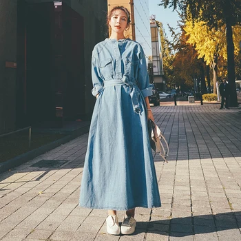 Denim Dress Spring Autumn Women Long Sleeve Stand Collar Loose Casual Vintage Jean Dress Office Lady Plus Size Long Dress Korean 
Denim Dress Spring Autumn Women Long Sleeve Stand Collar Loose Casual Vintage Jean Dress Office Lady Plus Size Long Dress Korean