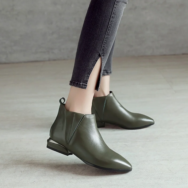 

Genuine Cow Leather Martin boots women thick-soled autumn 2020 new British style ladies pointed toe mid-heel ankle boots