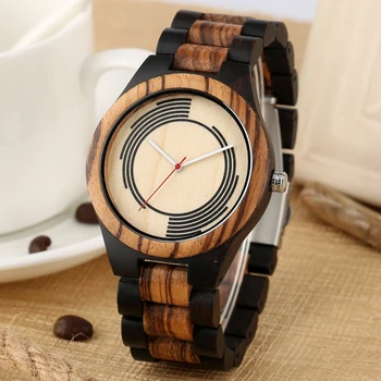 

Ebony Wood Spiral Stripe Watch Clock Male Men's Unique Geometry Design Quartz Watch Male Watches Full Wooden Band Bangle Watches