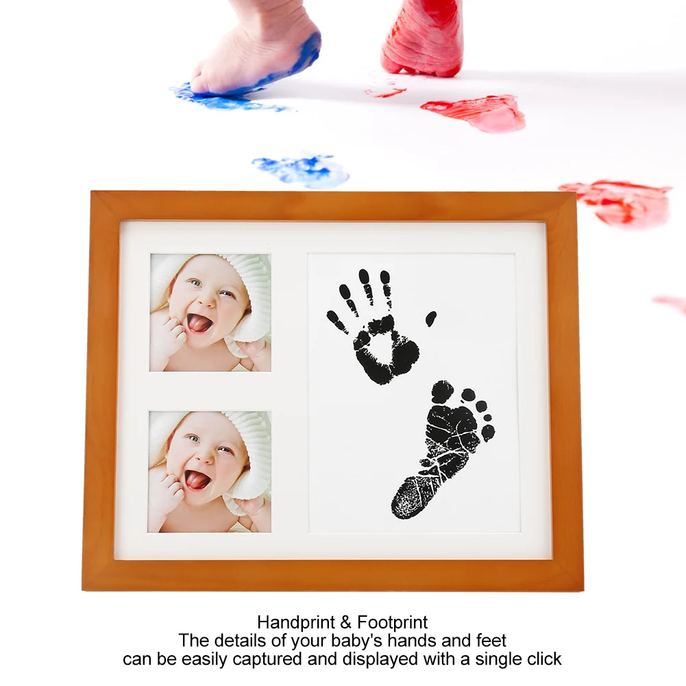 three grid baby handprint footprint wooden photo