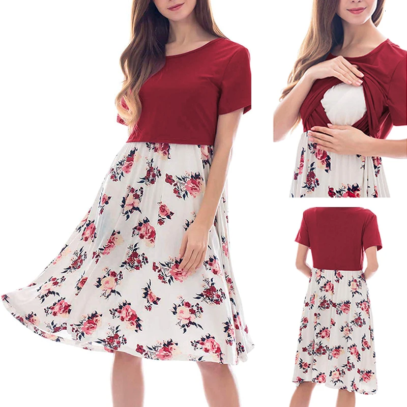 Summer Breastfeeding Dress Short Sleeve Nursing Pregnancy Dress Solid Color And Floral Print Patchwork Maternity Dresses
Summer Breastfeeding Dress Short Sleeve Nursing Pregnancy Dress Solid Color And Floral Print Patchwork Maternity Dresses