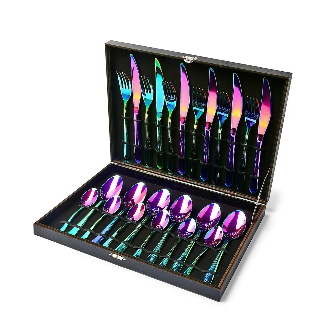 24 PCS Flatware Set Cutlery Stainless Steel Dinnerware Rainbow Colorful Silverware Tableware Hotel Party Kitchen Gift Talher | Дом и сад