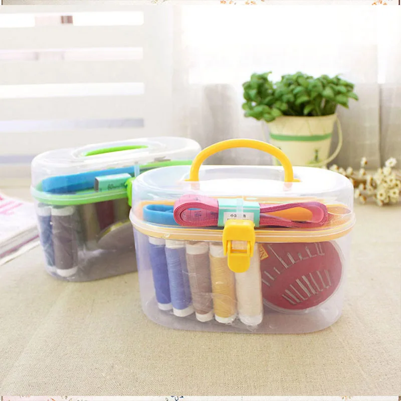 

1pc Random Color Double Laye Portable Mini Travel PP Sewing Box With Color Needle Threads Sewing Kits Sewing Set DIY Home Tools