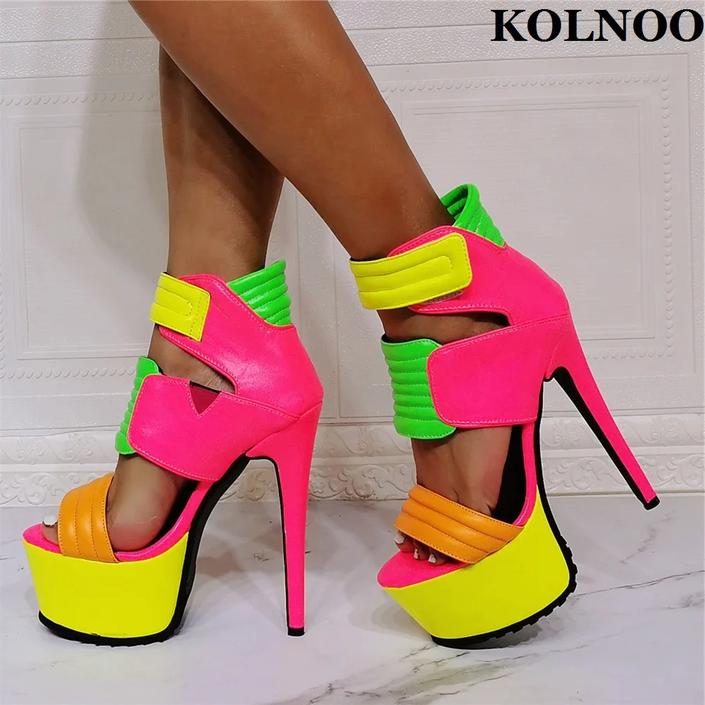 

Женские босоножки ручной работы Kolnoo на высоком каблуке, разноцветные кожаные пикантные летние туфли на платформе, модная Клубная обувь