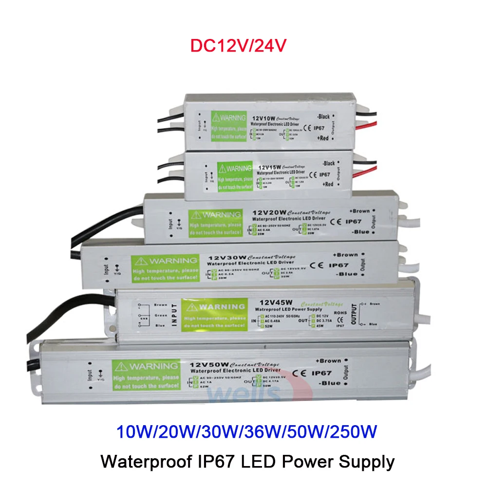 DC12V/24V 10W/20W/30W/36W/50W/250W LED Driver Transformer Waterproof IP67 LED Power Supply Adapter for strip light
DC12V/24V 10W/20W/30W/36W/50W/250W LED Driver Transformer Waterproof IP67 LED Power Supply Adapter for strip light