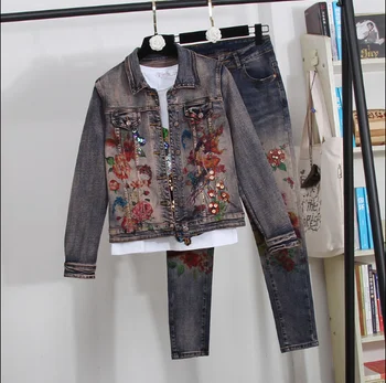 European Denim Set Women's New Spring Autumn Personality Painted Sequins Retro Denim Jacket Coat + Jeans Pants Two-Piece Set 
European Denim Set Women's New Spring Autumn Personality Painted Sequins Retro Denim Jacket Coat + Jeans Pants Two-Piece Set