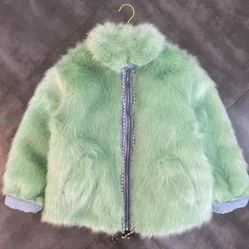 Women Jacket winter spring pink green beading Long Sleeve Diamonds Faux Fox Fur Turn Down Collar Cotton Coat 
Women Jacket winter spring pink green beading Long Sleeve Diamonds Faux Fox Fur Turn Down Collar Cotton Coat
