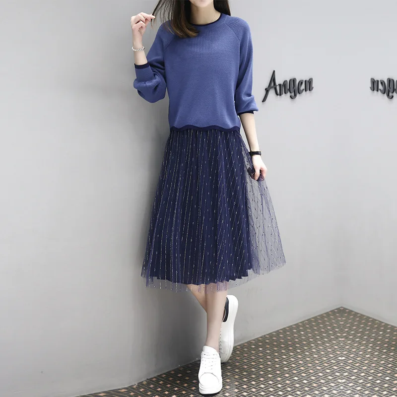 Womans Autumn Womans Sweater + A-line Pleated Skirt Sets Winter Casual Two-Pieces Suits Knit Sweater Tulle Midi Dress Navy Blue
Womans Autumn Womans Sweater + A-line Pleated Skirt Sets Winter Casual Two-Pieces Suits Knit Sweater Tulle Midi Dress Navy Blue