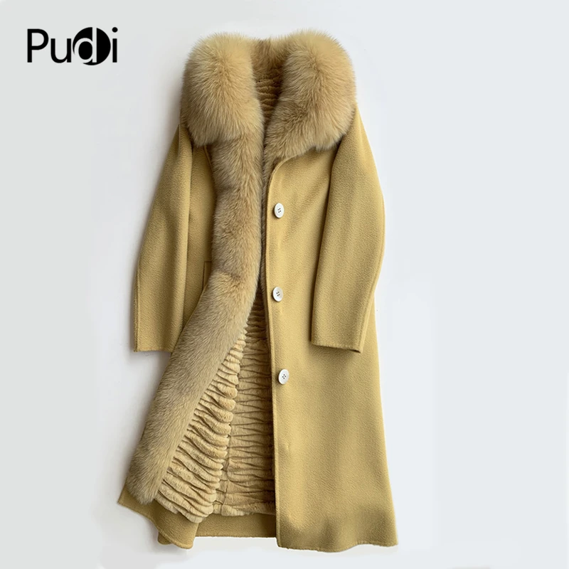 

Pudi Women Real Fur Coat Jacket REX Rabbit Fur Lining Fox Fur Collar Winter Warm Female Wool Blends Coats Jackets Zy905
