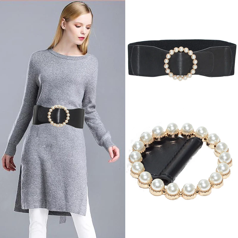 

Large Pearl Buckle Faux Leather Girdle For Women Belt 7.5cm Wide Western Fashion Leisure Belt