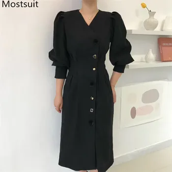 2020 Spring Korean Fashion Buttons Long Dress Women Puff Sleeve V-neck A-line Dresses Vintage Casual Female Long Vestidos Mujer
2020 Spring Korean Fashion Buttons Long Dress Women Puff Sleeve V-neck A-line Dresses Vintage Casual Female Long Vestidos Mujer