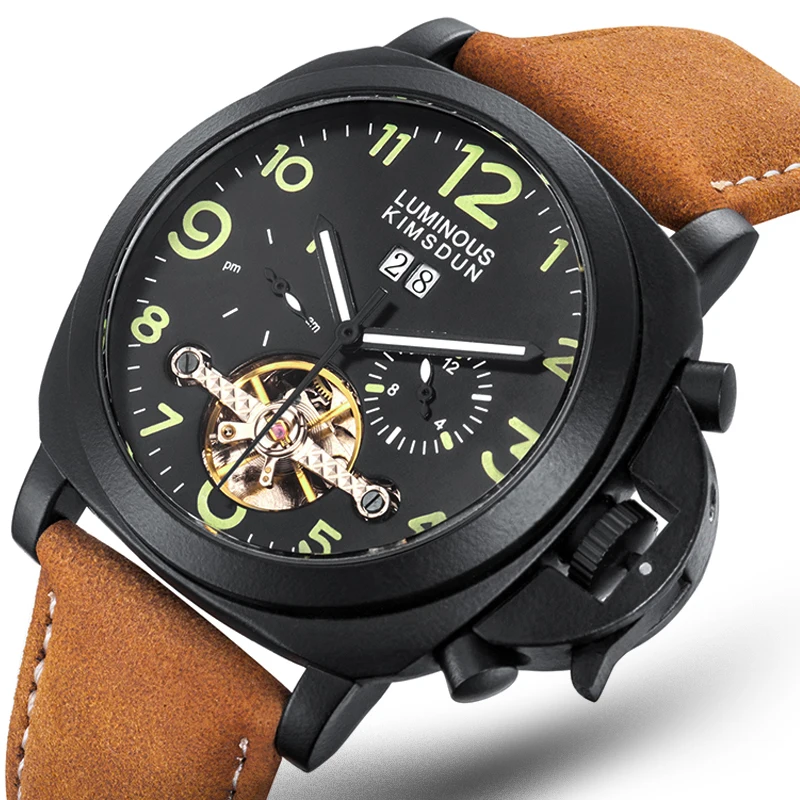 Mens Retro Watches Automatic Mechanical Watch Tourbillon Clock Genuine Leather Waterproof Wristwatch Top Brand montre homm | Наручные