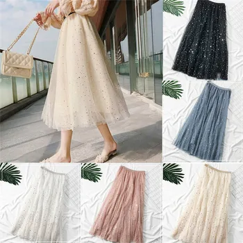 

Women High Waisted Mid-Calf Length 3 Layers Tulle Skirt Stretch Sequined Stars Mesh Tutu Long Skirts